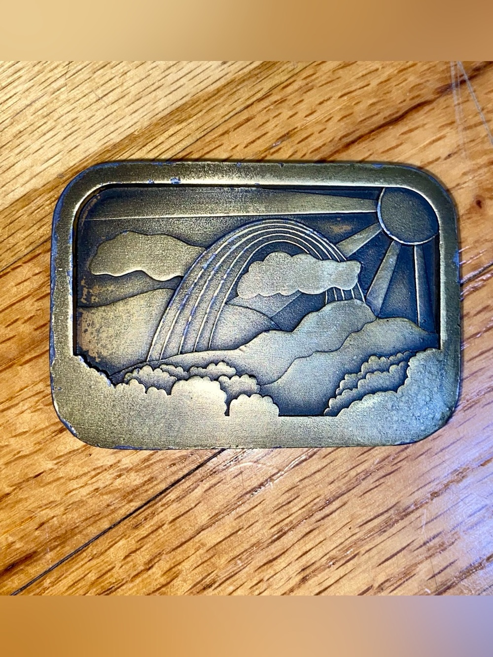 Vintage 1977 Indiana Metal Craft A95 Rainbow Sunshine Belt Buckle